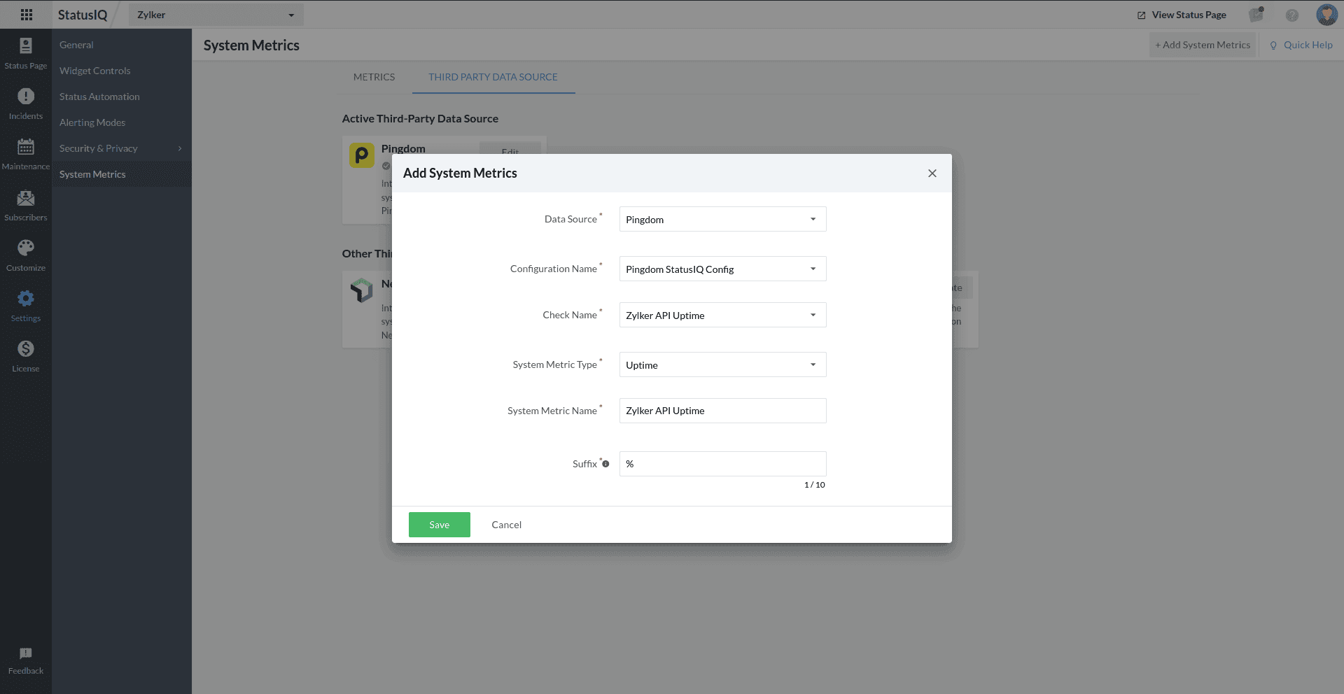 add system metrics form
