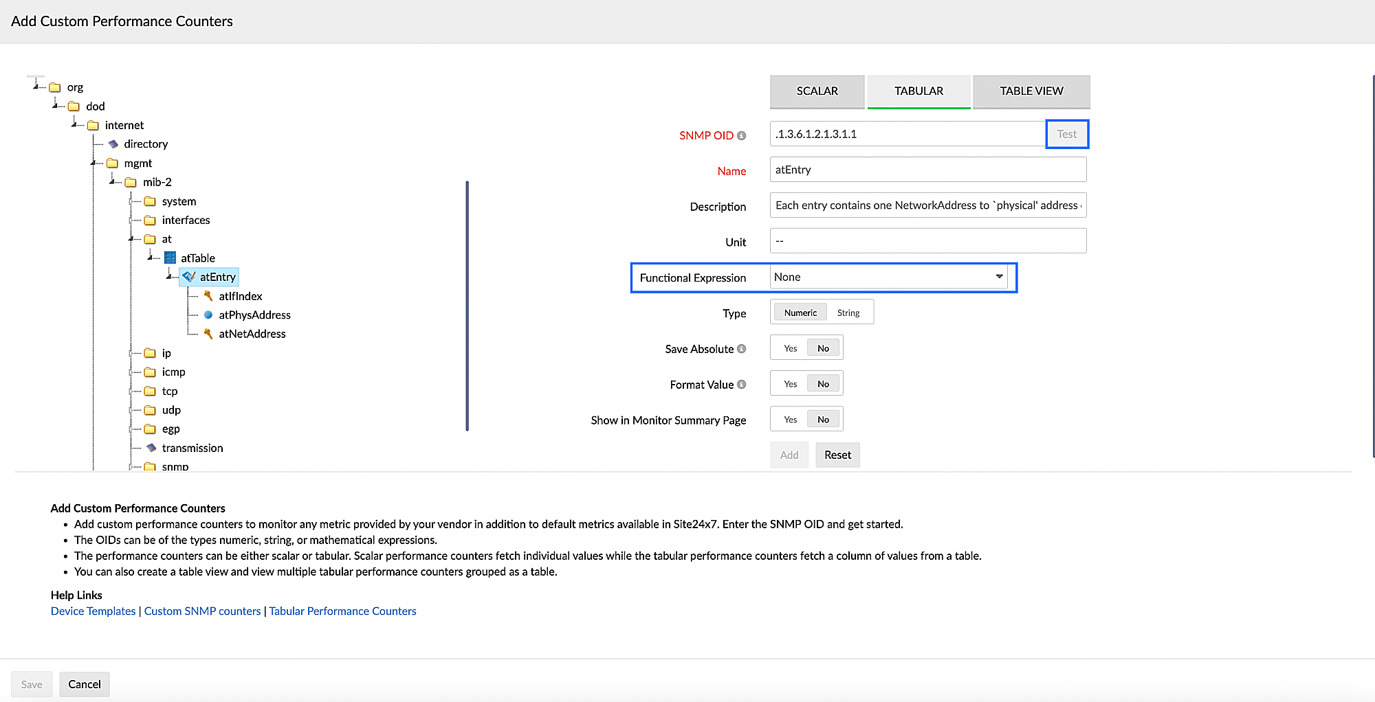 Adding tabular performance counter