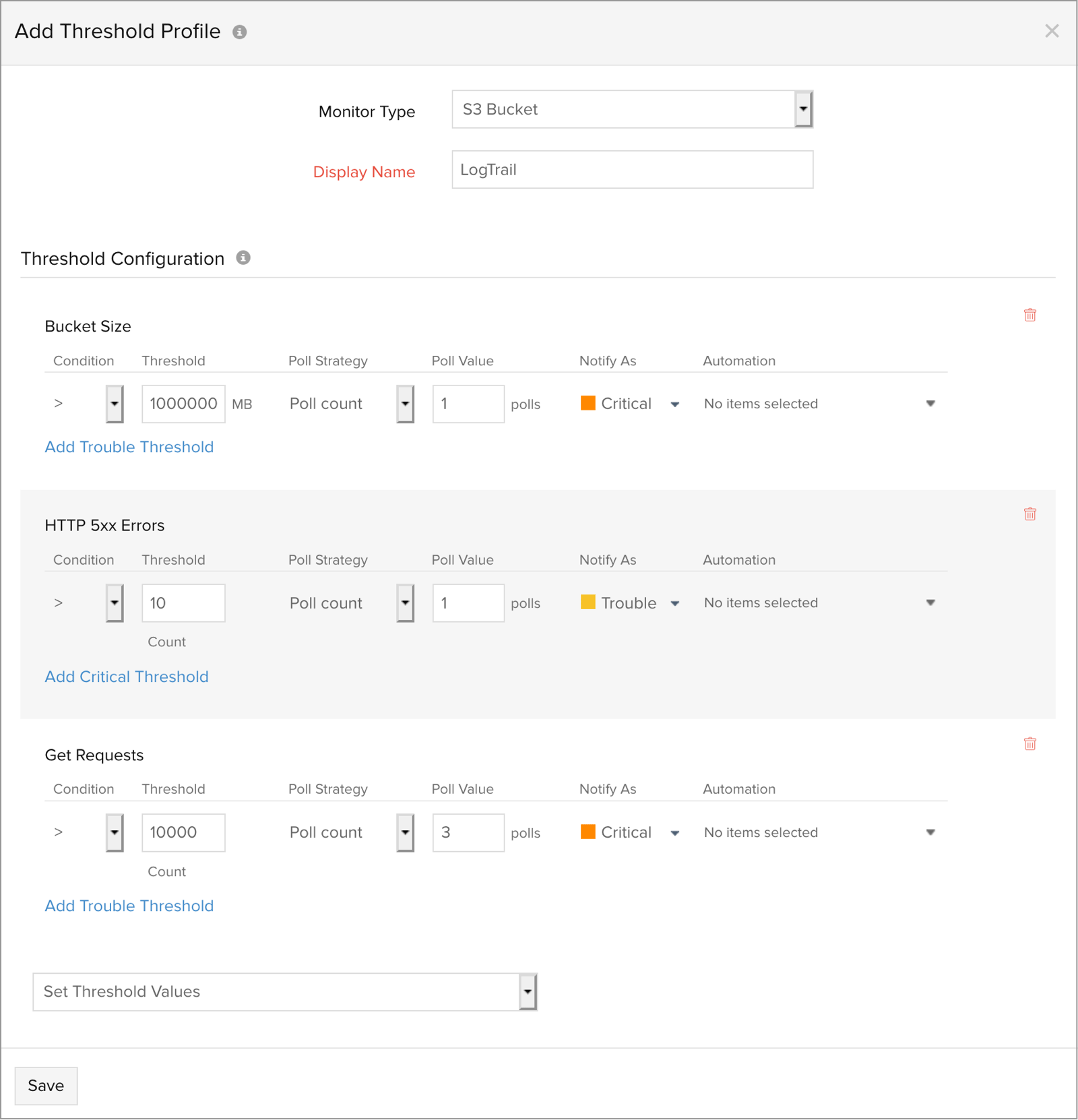 Set up thresholds to monitor S3 bucket usage and performance