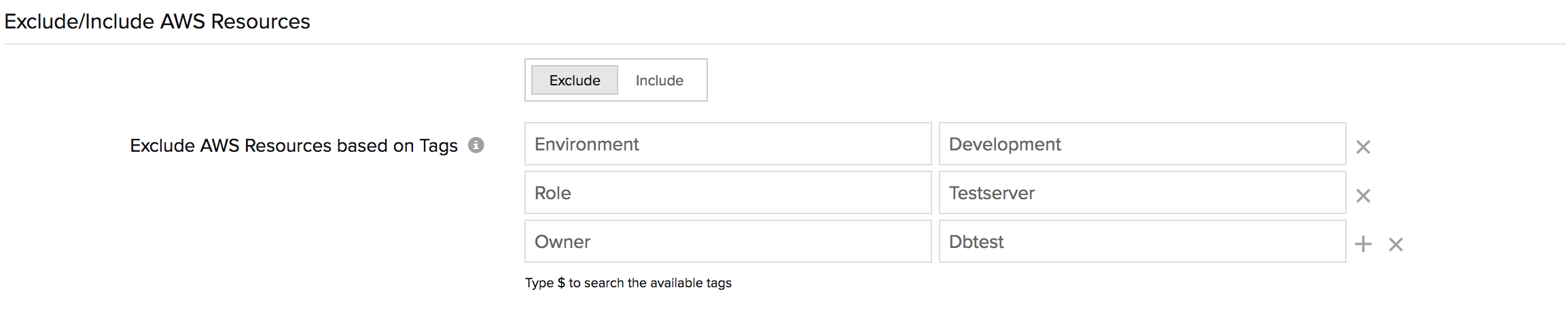 User Defined Tags Exclude AWS resource based on user defined metadata