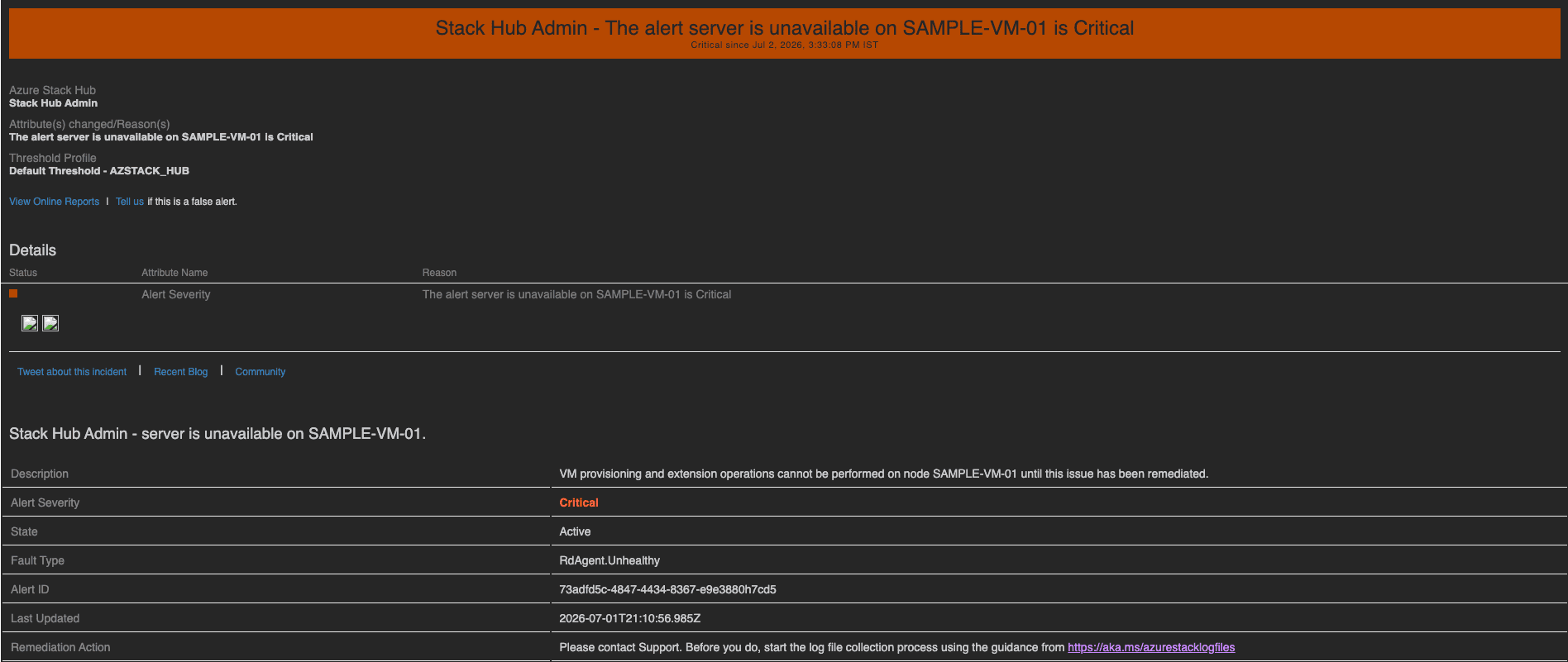 Stack Hub's alert sample