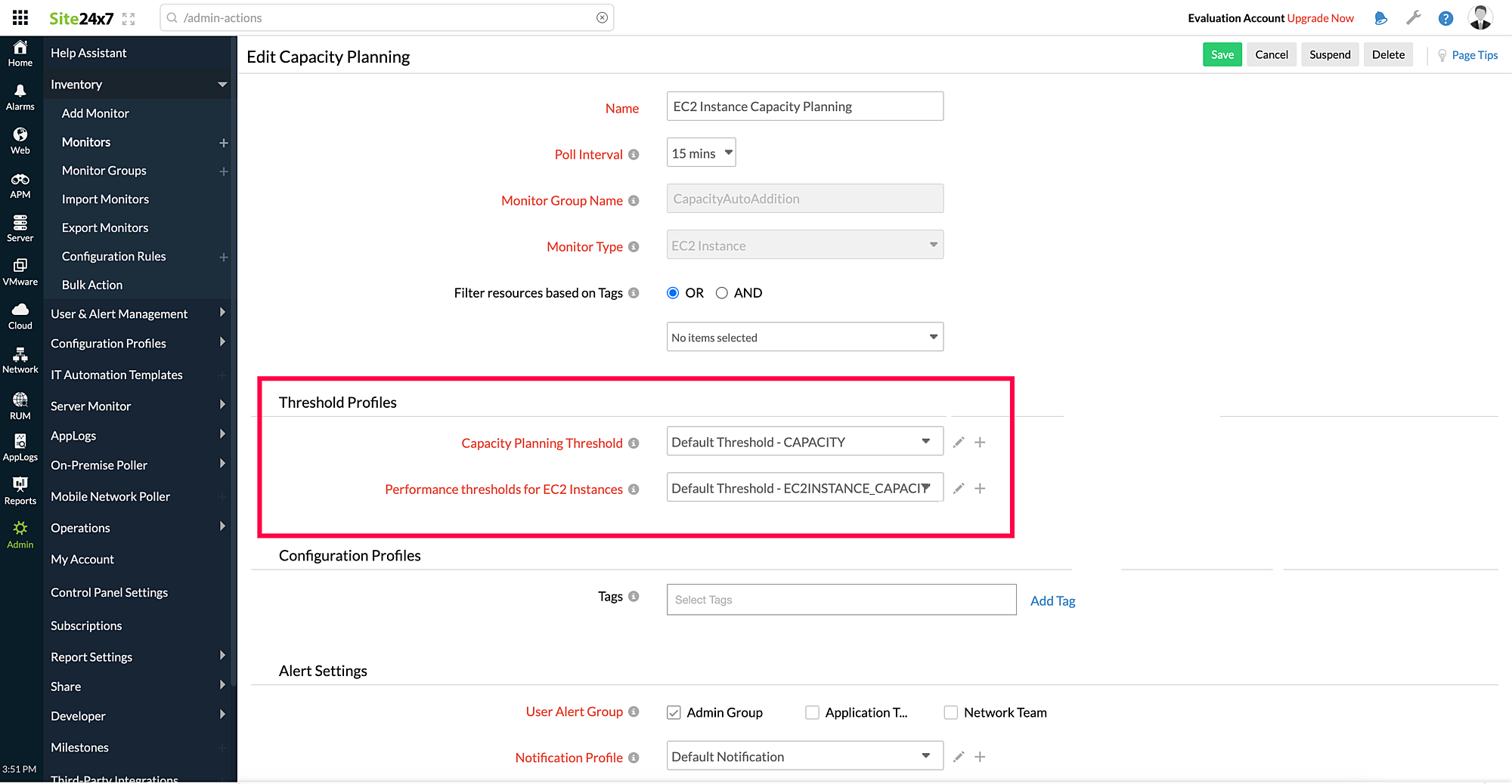 edit capacity planning thresholds