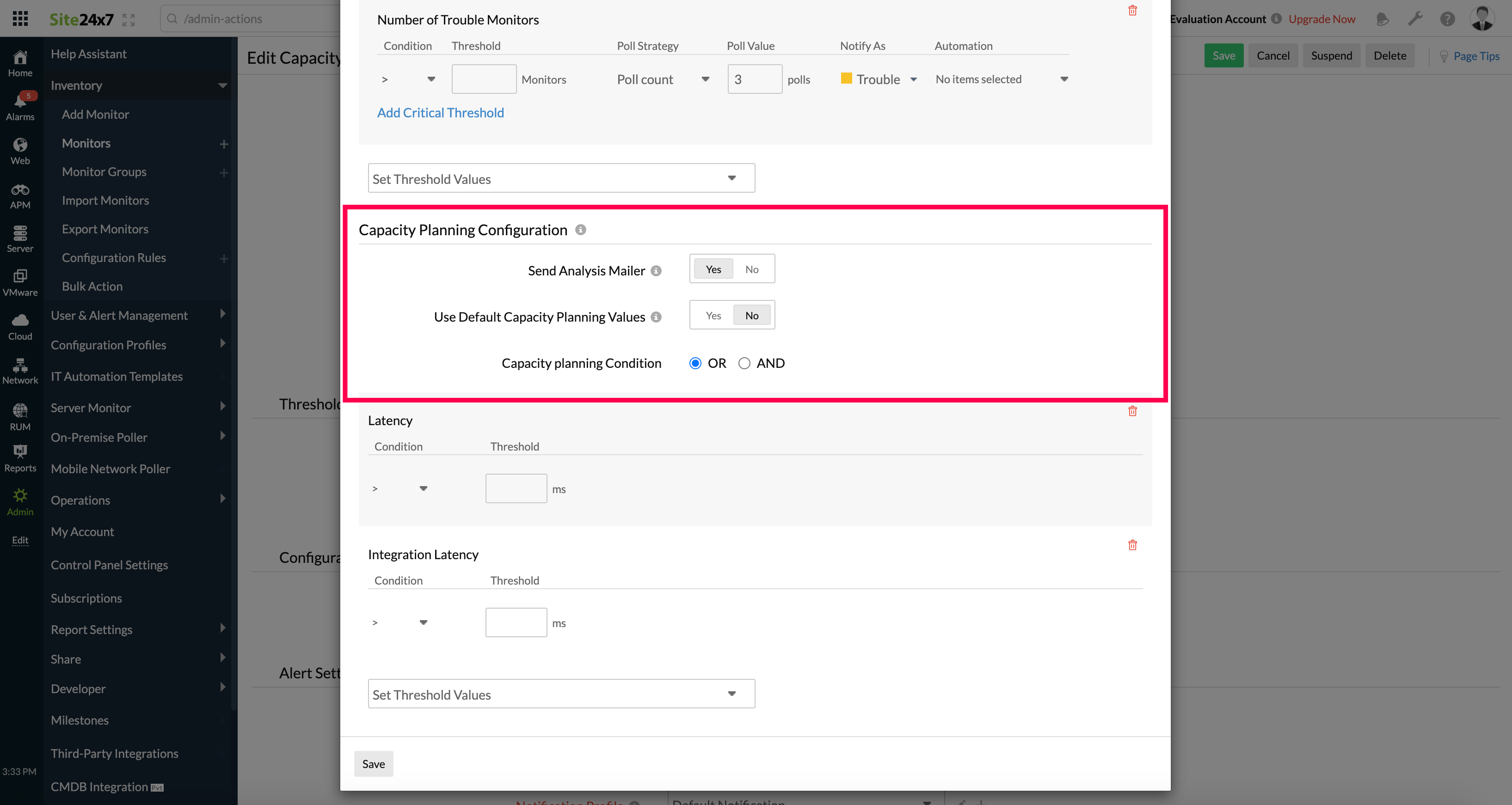 configuração de limite de planejamento de capacidade