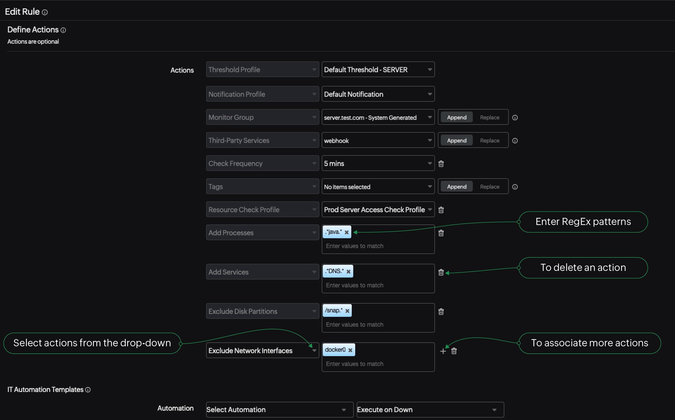 configuration rules setup page for server monitor