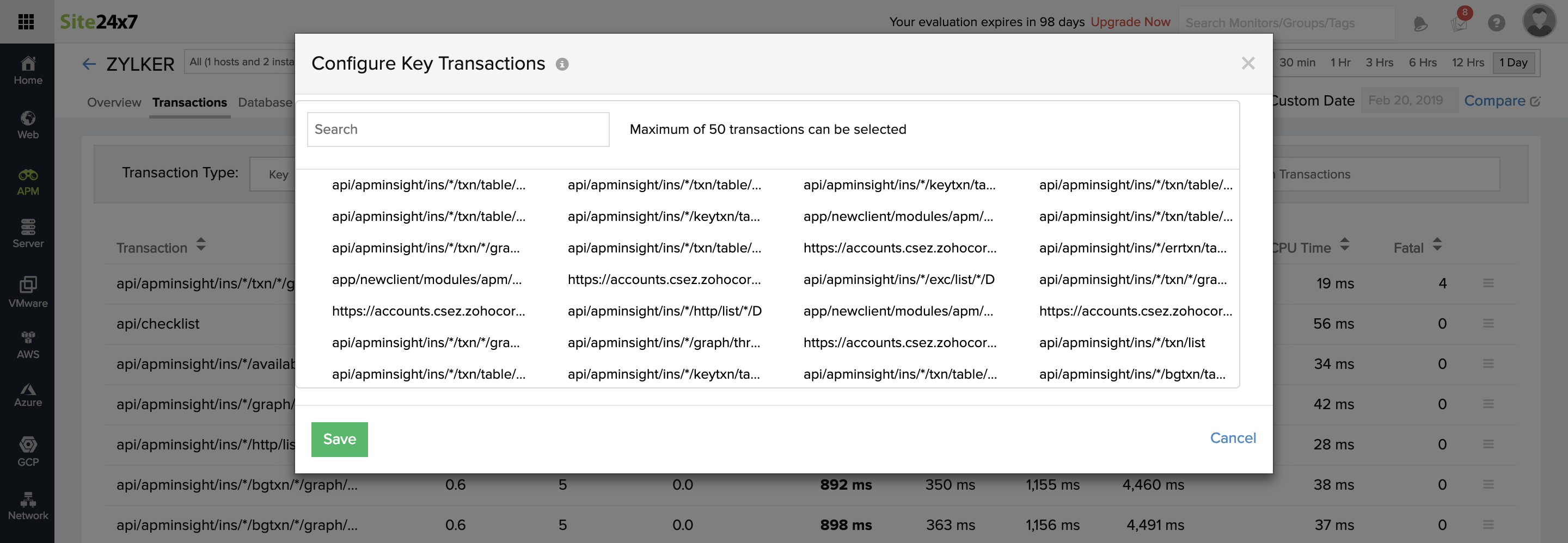 Key Transactions | Online Help Site24x7