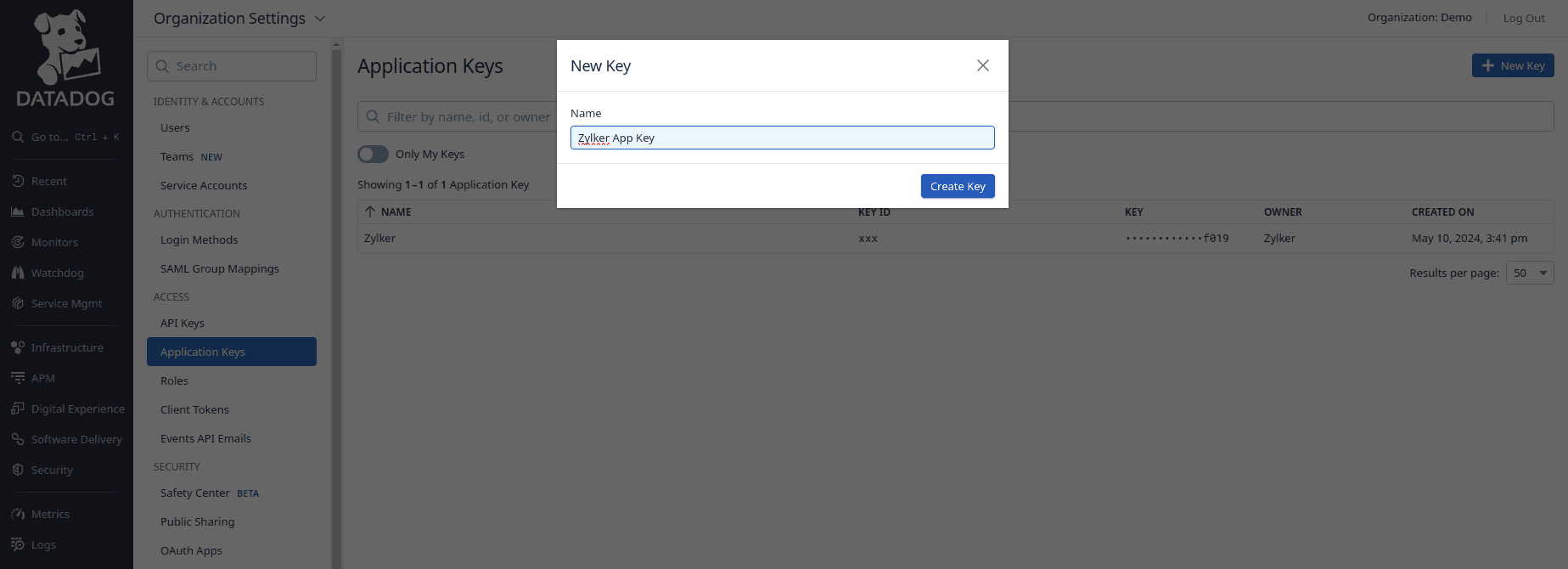 datadog application create key