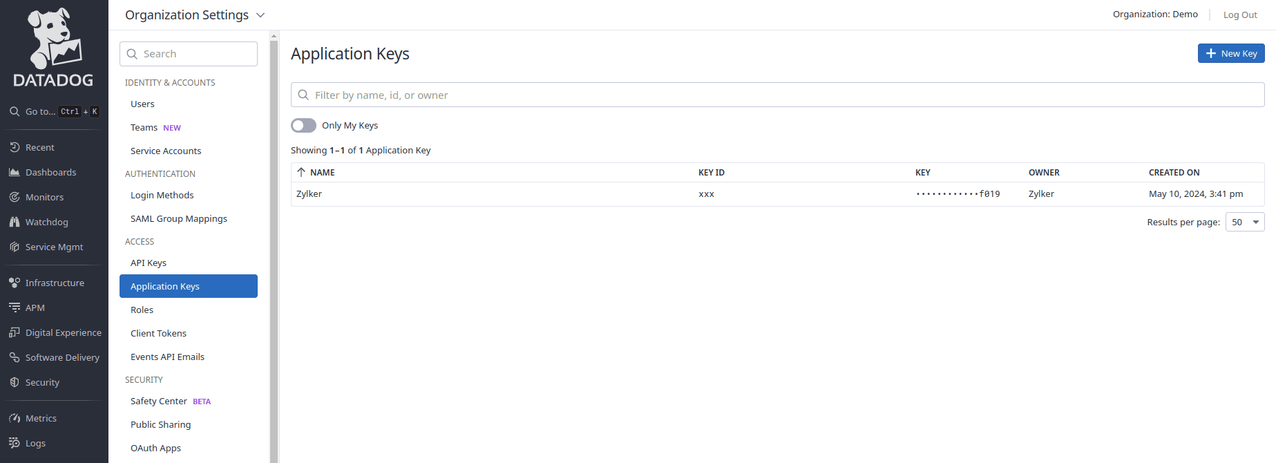 datadog application new key