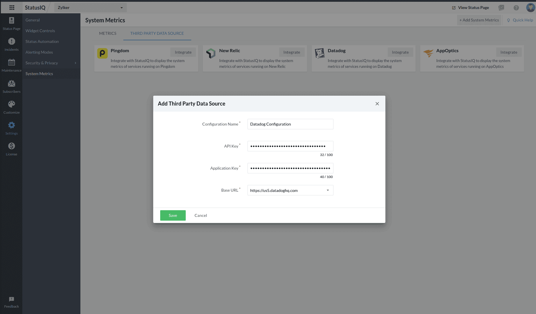 datadog third party data source save