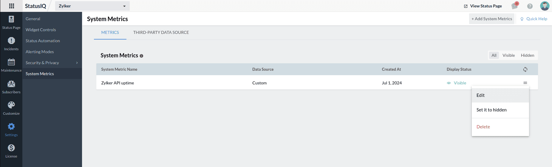 delete system metrics