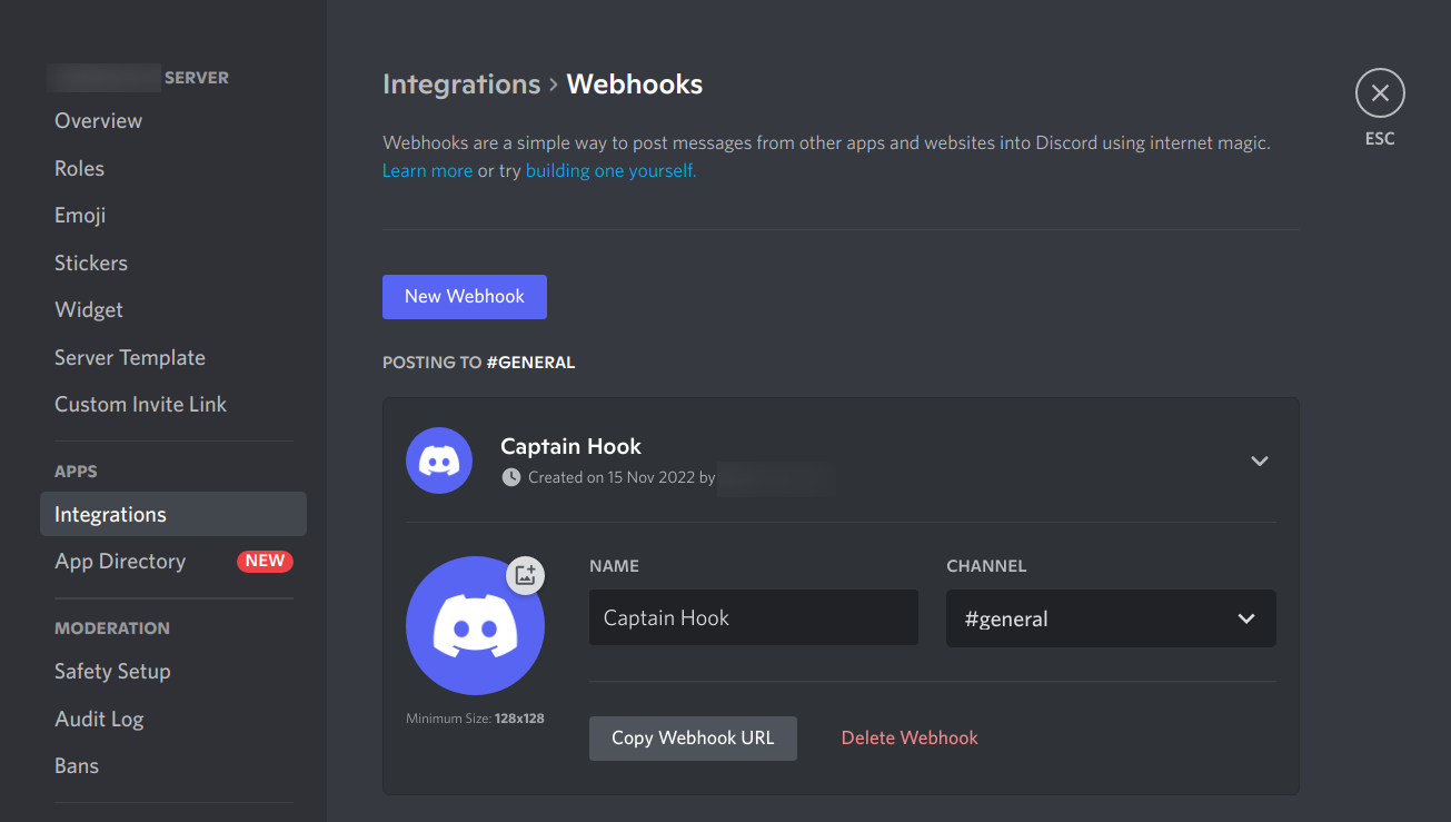 generate hook url in discord