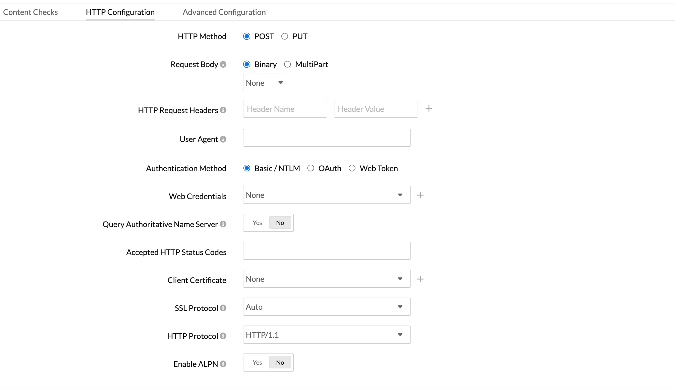 Http configuration for file upload monitor