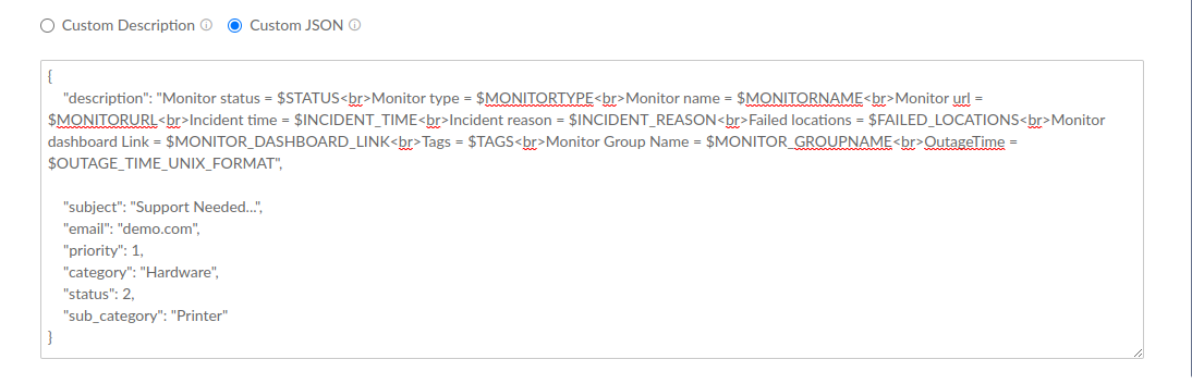 Custom JSON in Site24x7 Freshservice integration