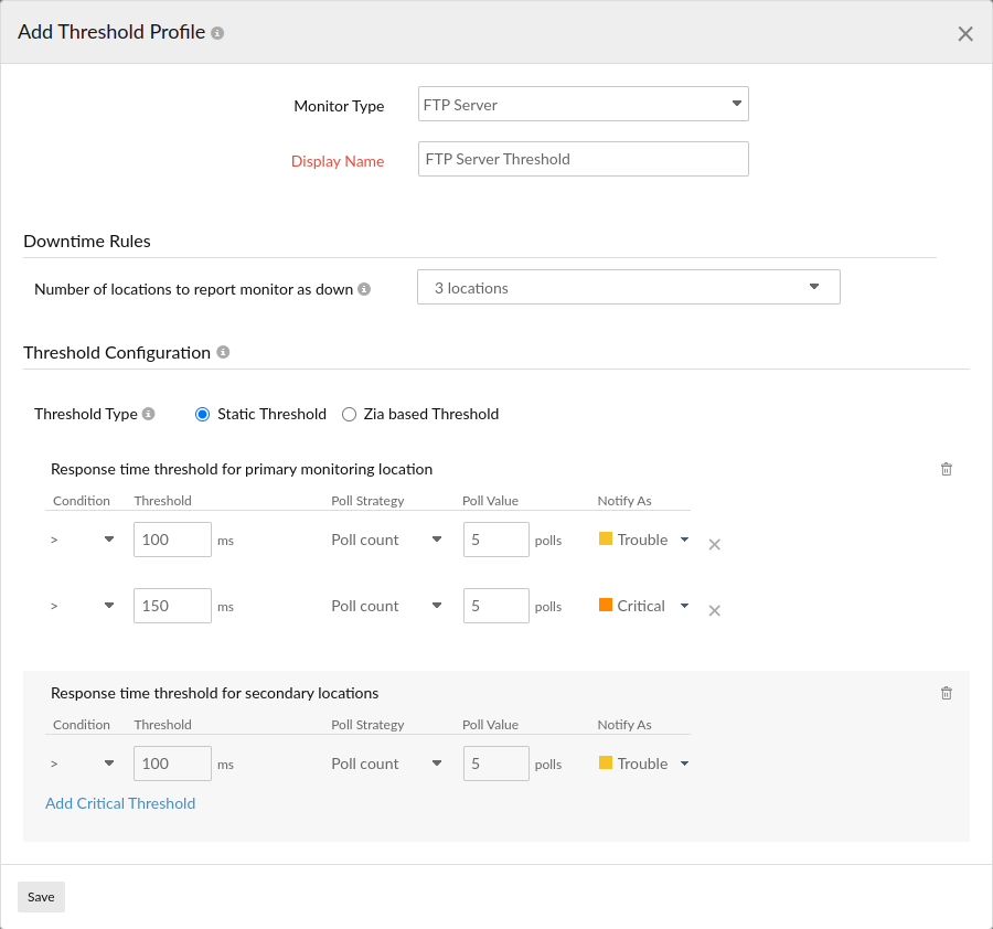 Learn how to configure threshold for an ftp monitor