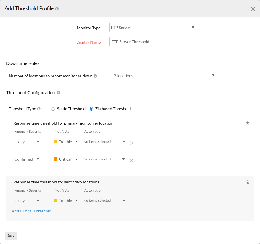 Learn how to configure threshold for an ftp monitor