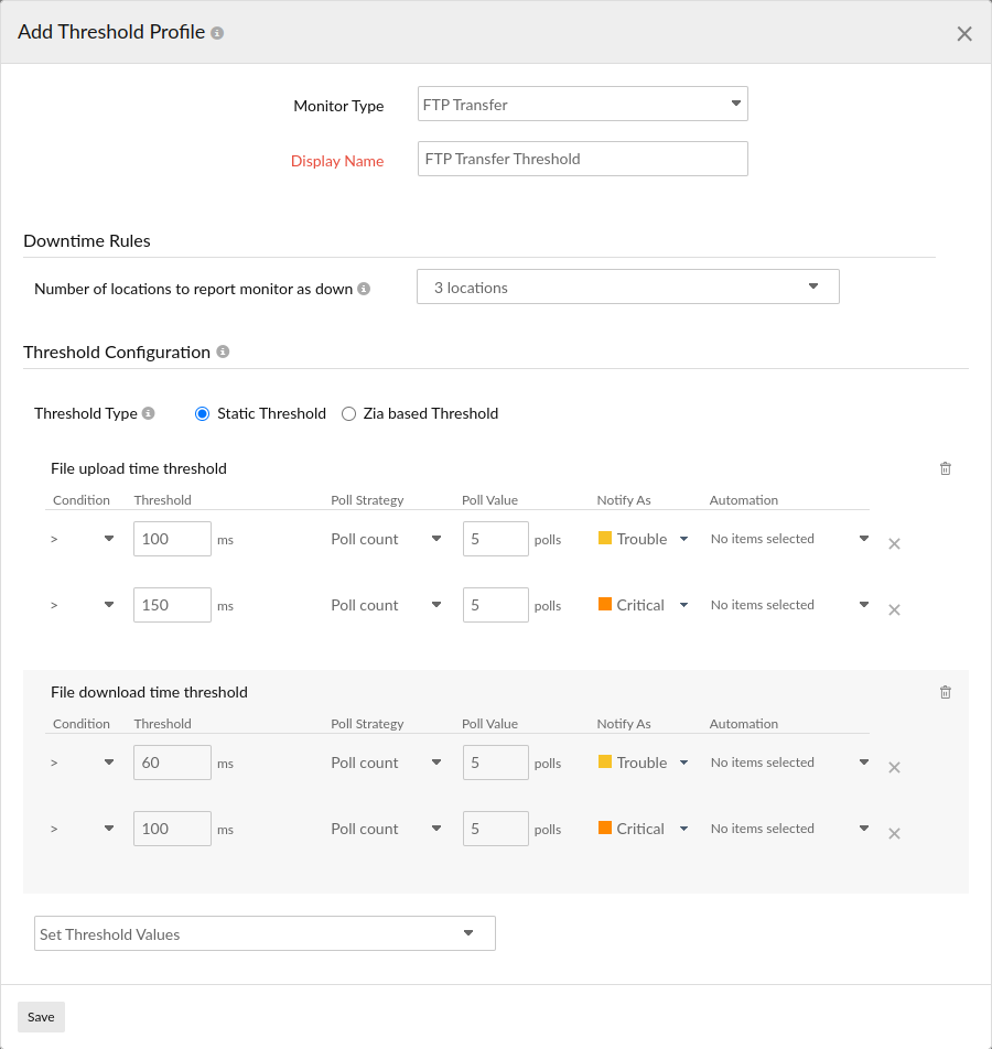 Configure threshold related settings for an FTP transfer monitor