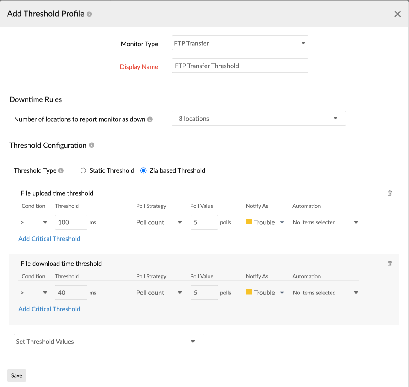 Configure threshold related settings for an FTP transfer monitor