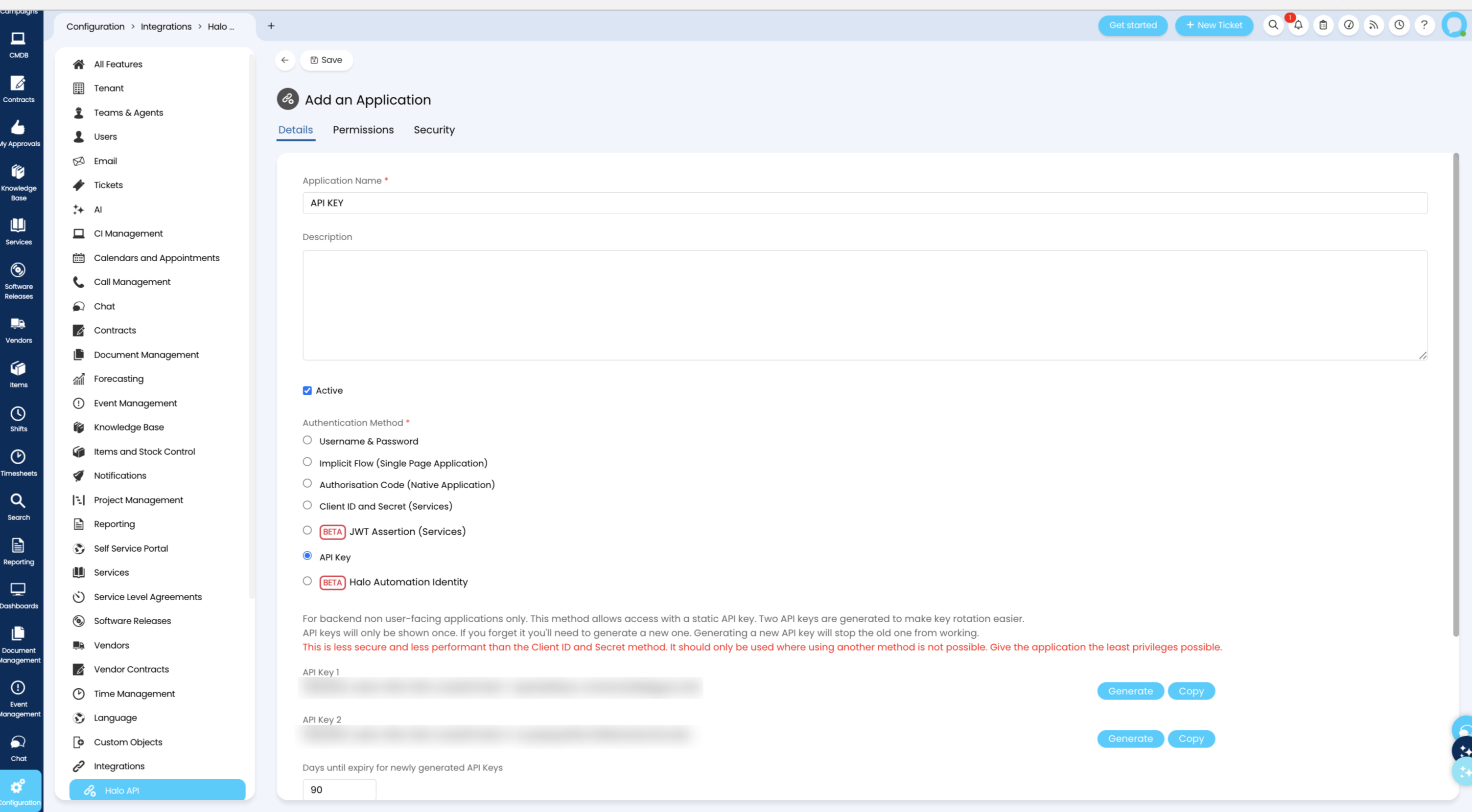 HaloITSM API key creation