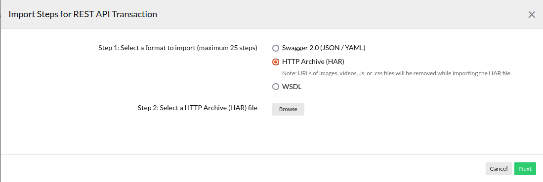 import-har Learn how to import steps using har
