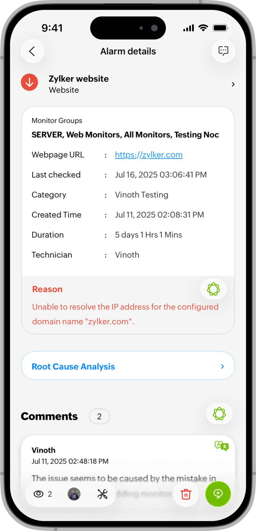 Alarm details reasons