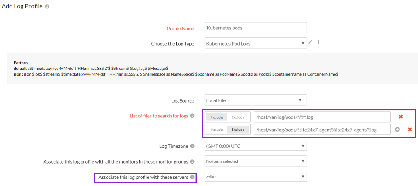 Kubernetes log profile