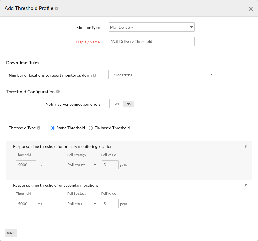 Learn how to configure threshold settings for a mail server monitor