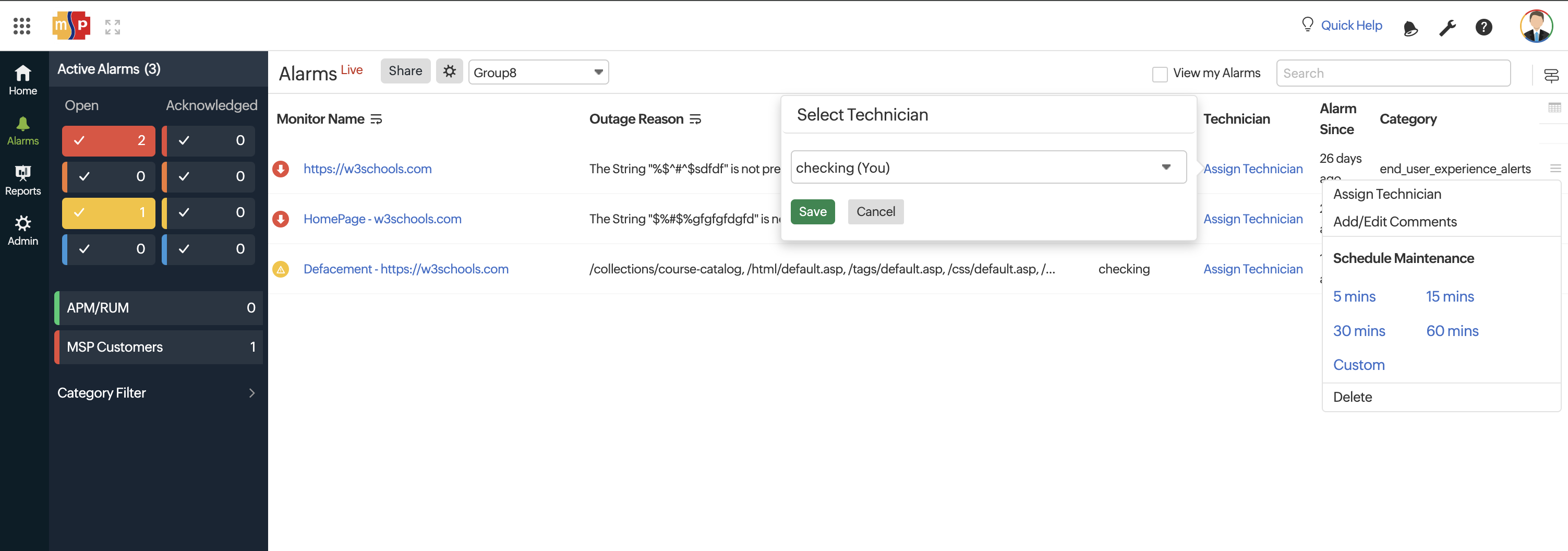 msp alarms page select technician