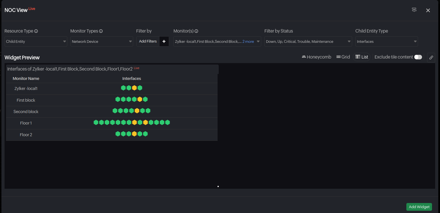 noc view widget child entity