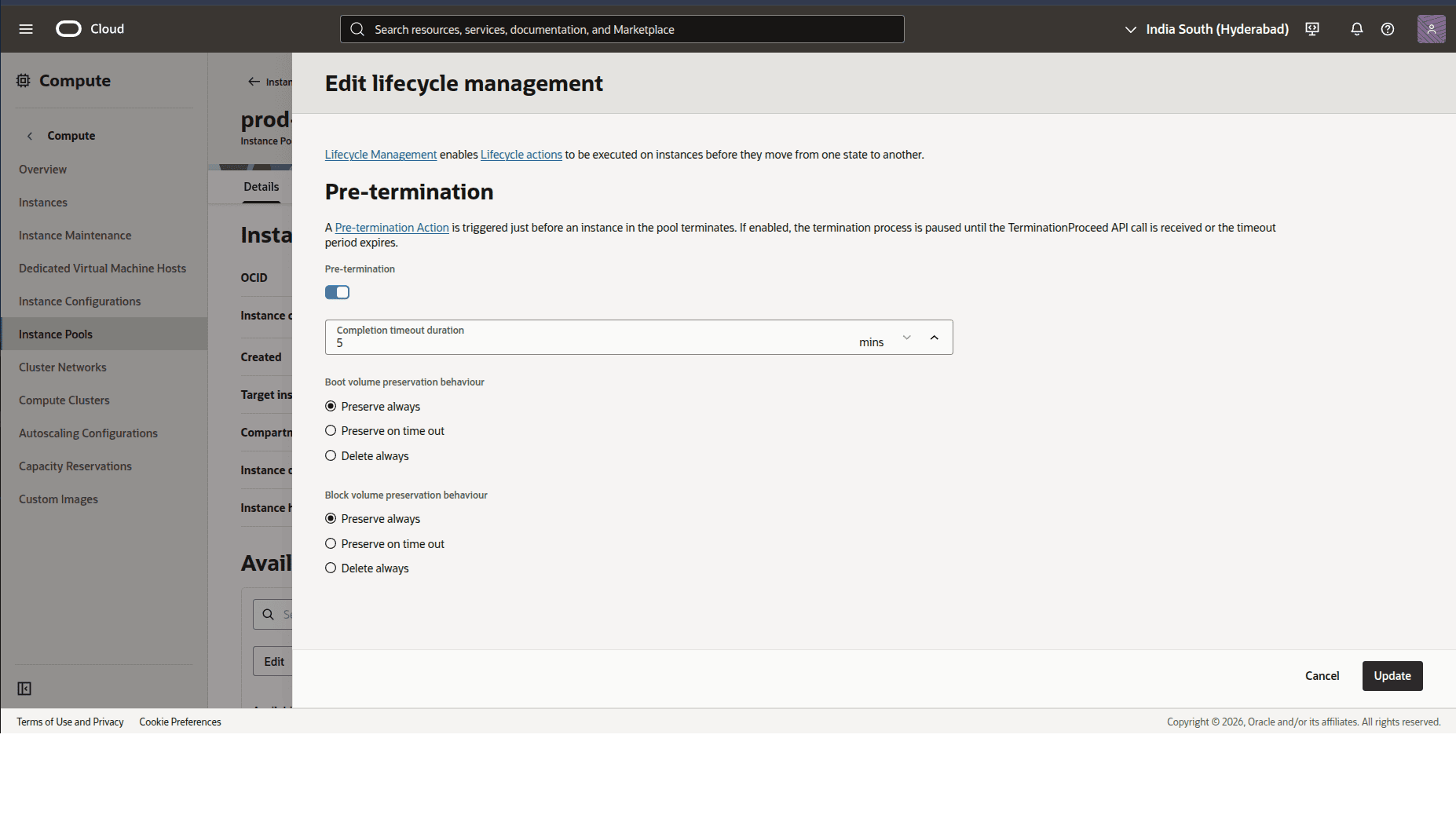OCI termination settings view OCI termination settings view