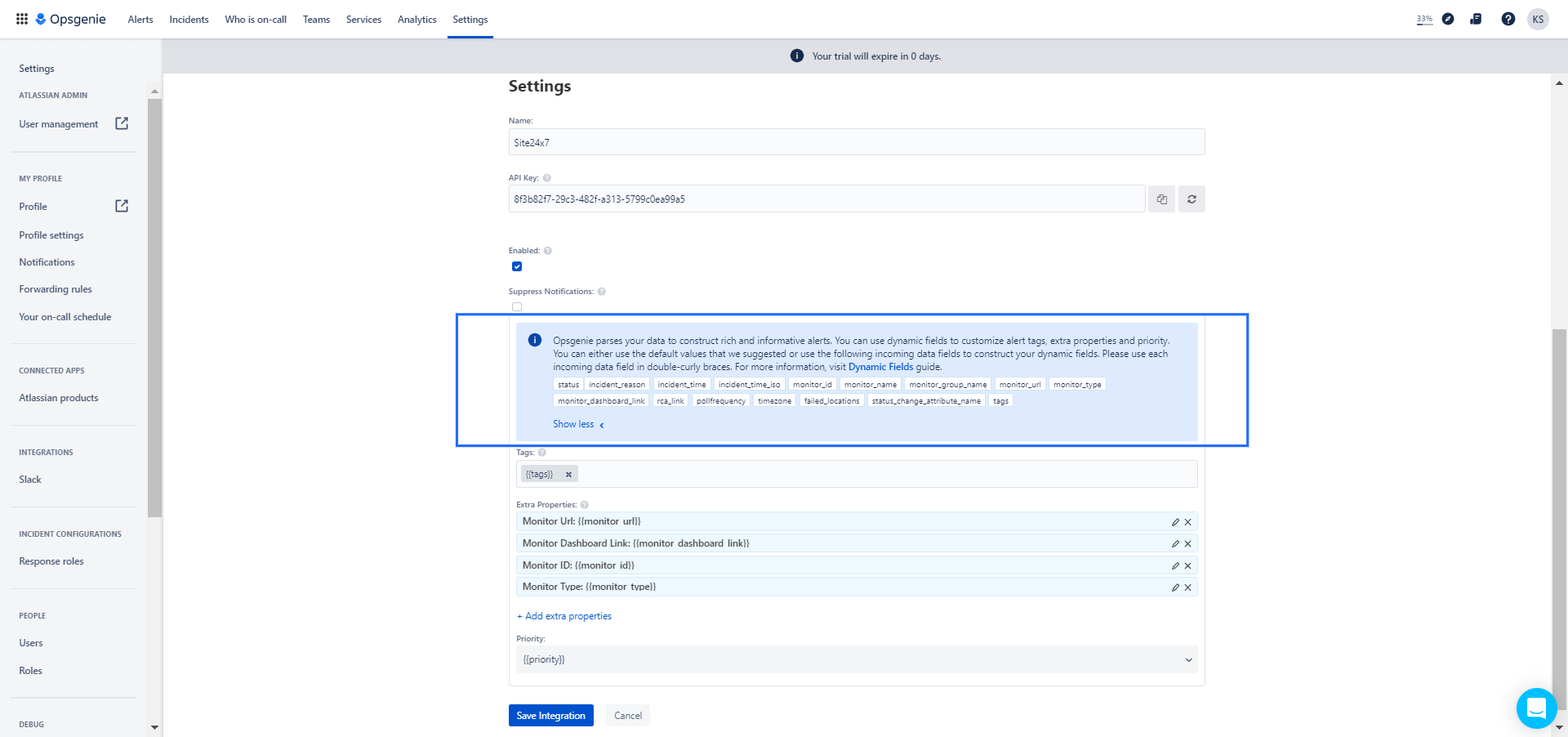 opsgenie integration custom params