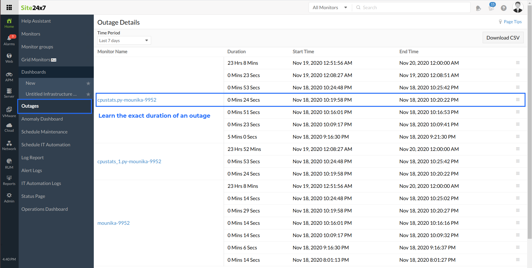 Outage Report Online Help Site24x7