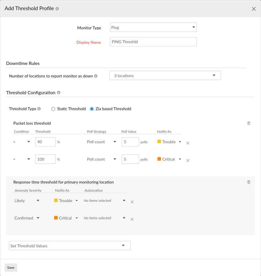 Learn how to configure threshold settings for a ping monitor