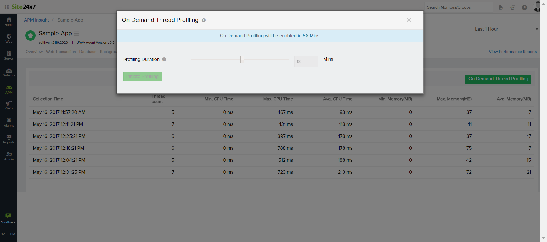 Specify duration for on-demand thread profiling