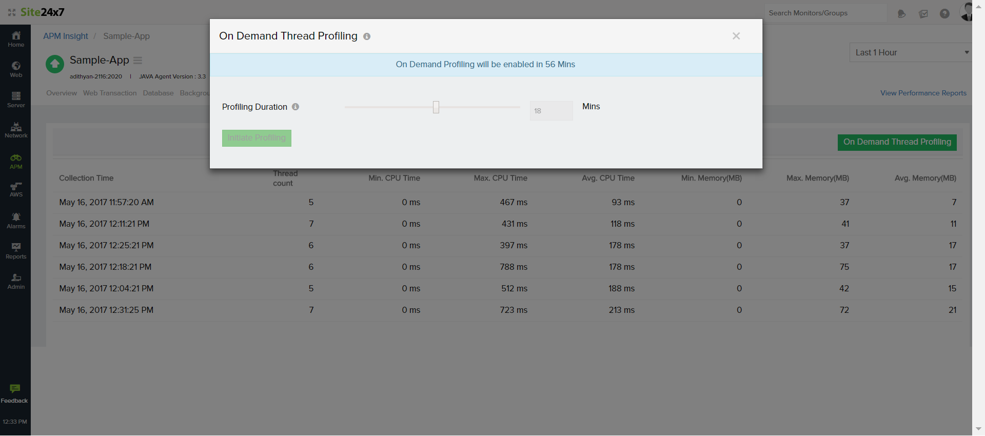 profiling Specify duration for on demand thread profiling