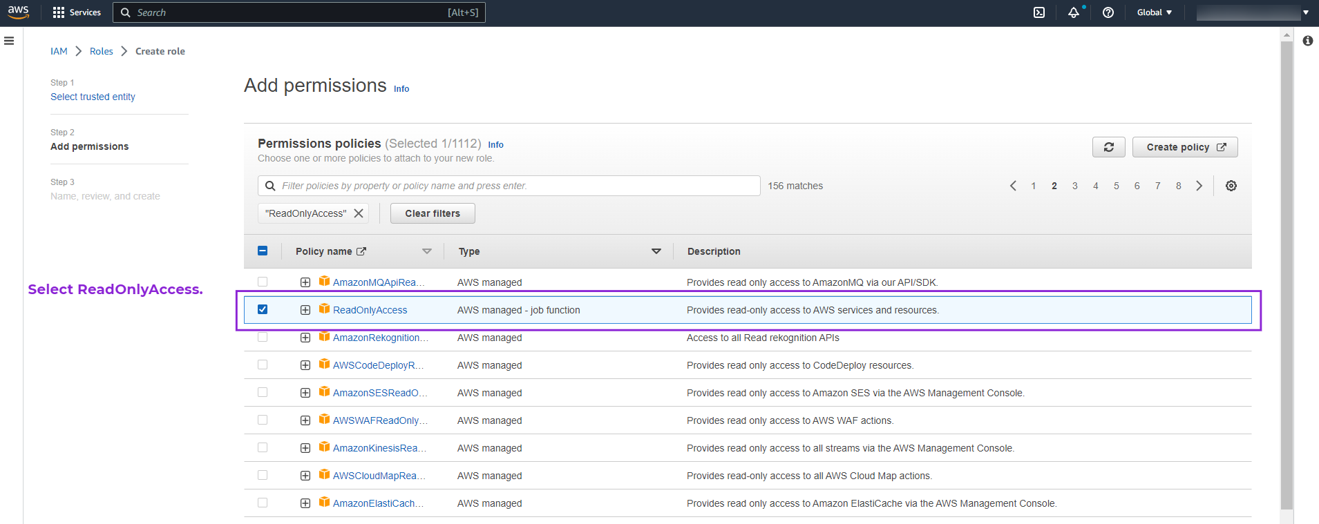 Create policy readonly access