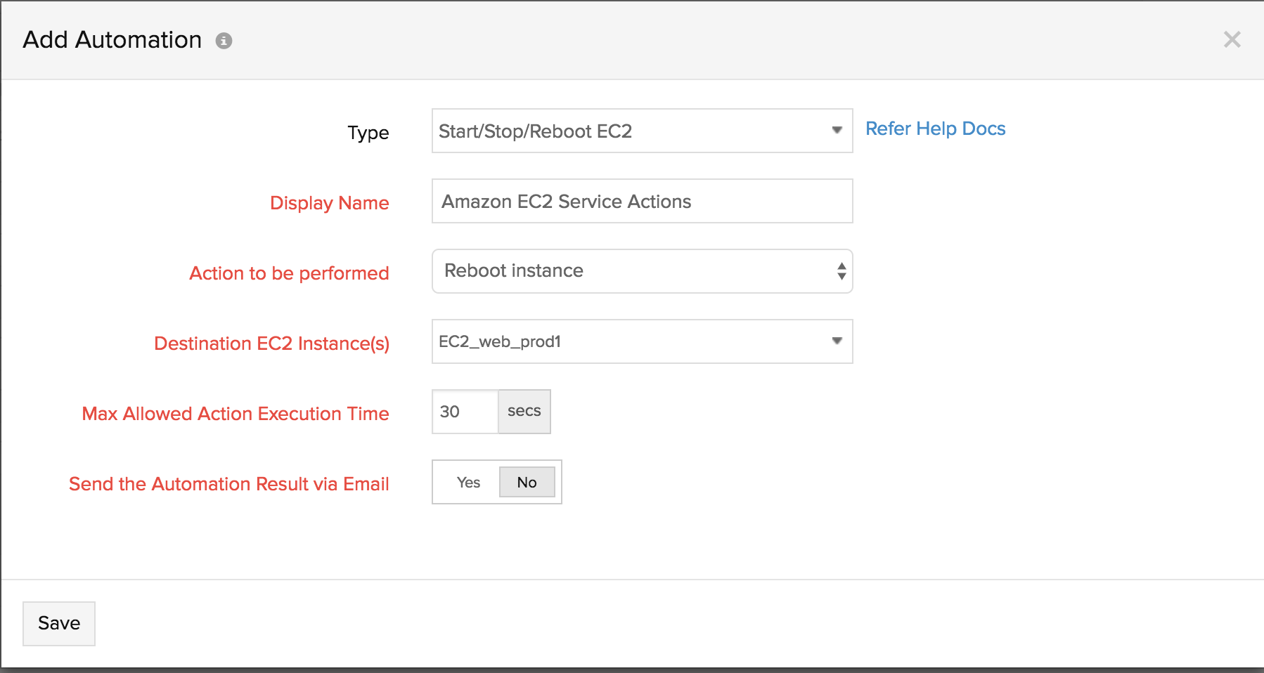 Creating an EC2 service action Action profile to automate EC2 stop and start or reboot