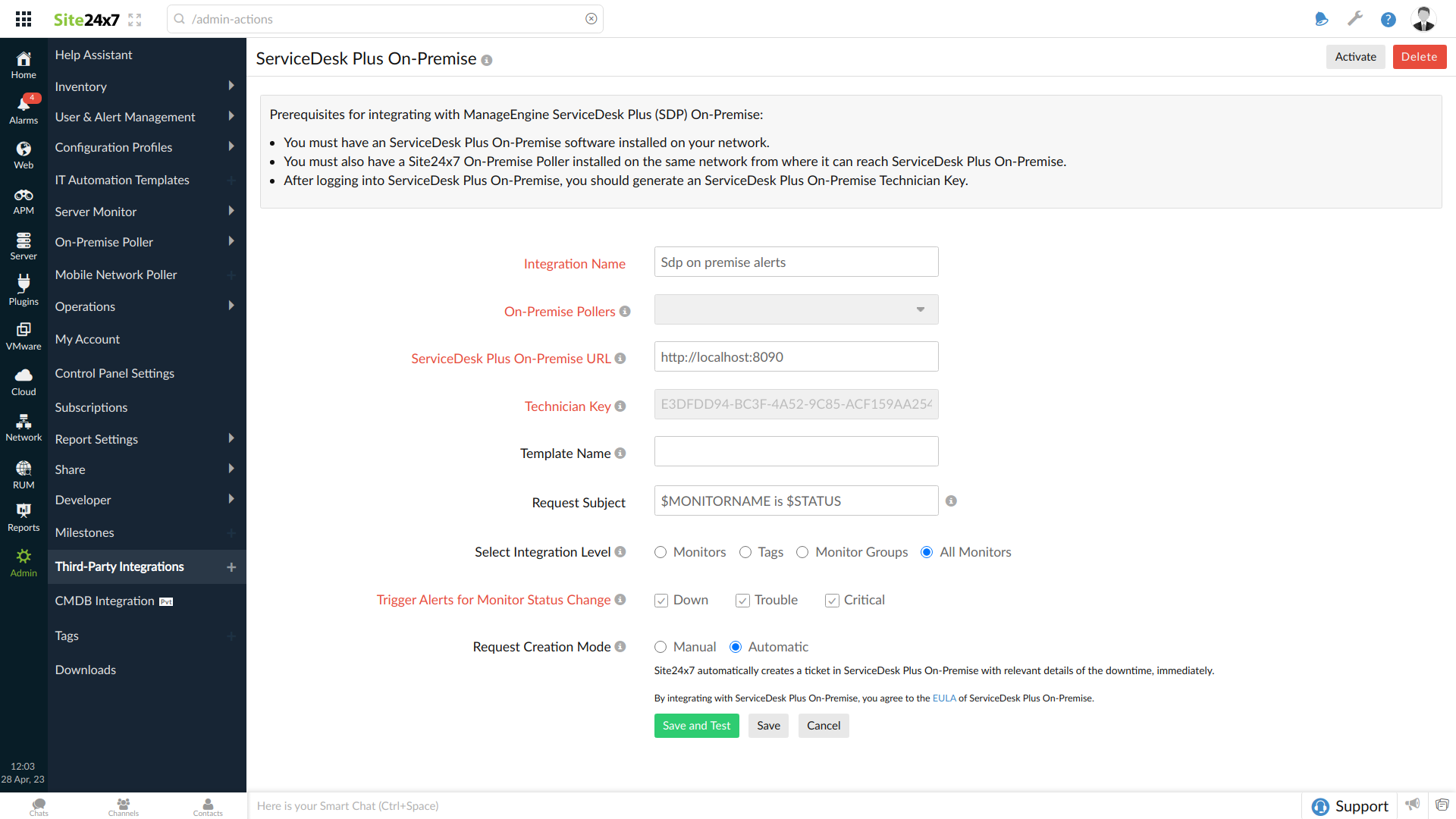 sdp on premise site24x7 integration