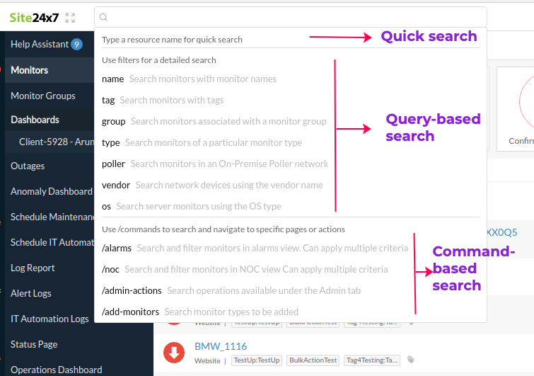 search-query-command Site24x7 Search bar