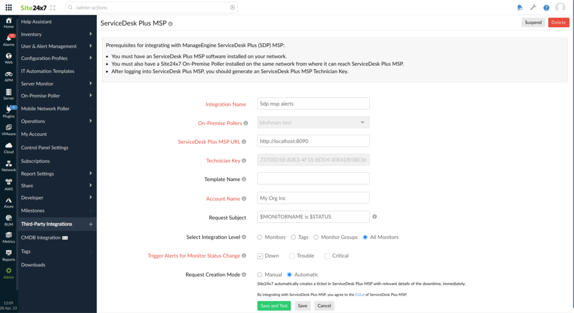 spd plus msp Site24x7 integration