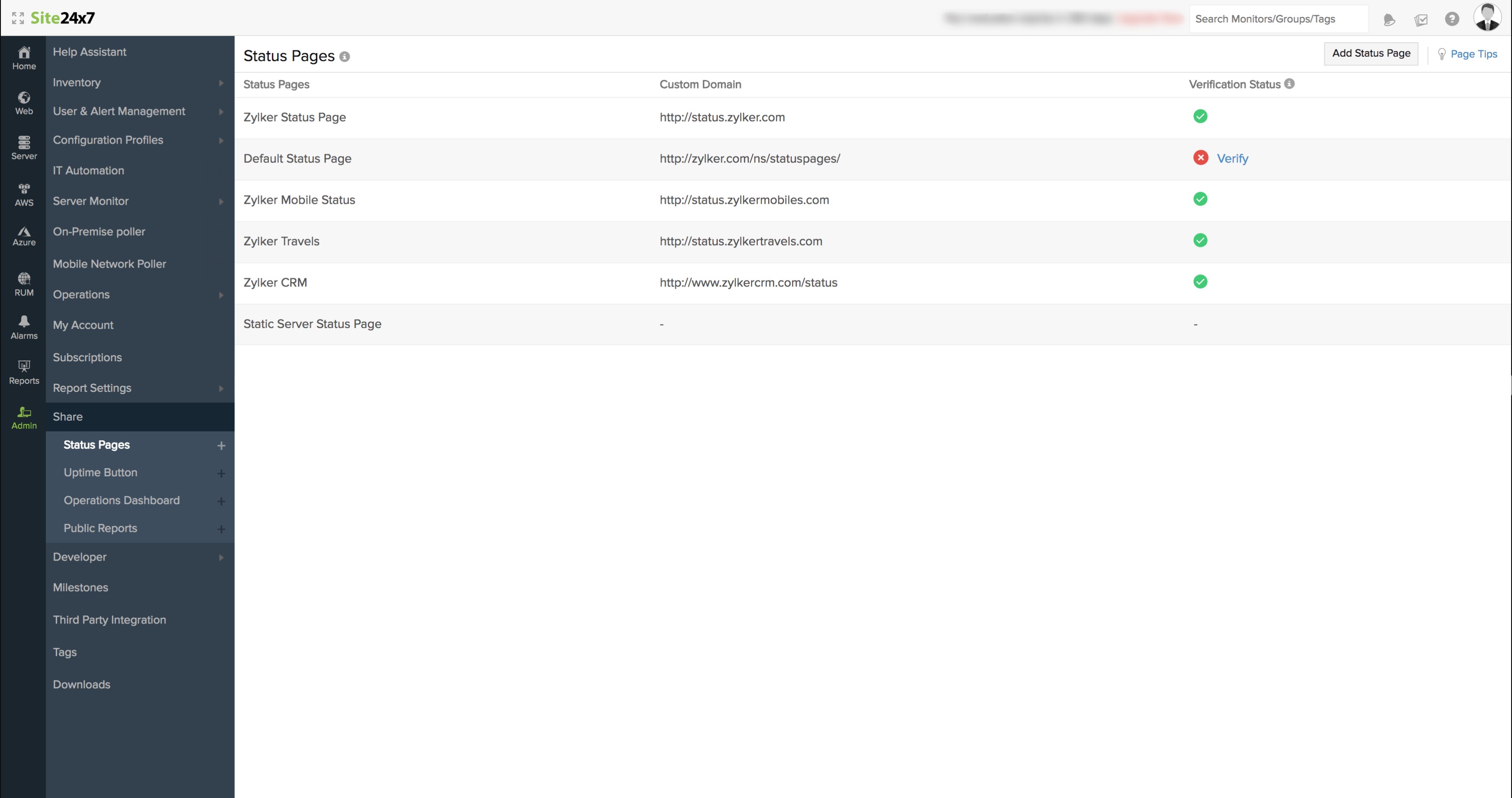 Status Pages Online Help Site24x7