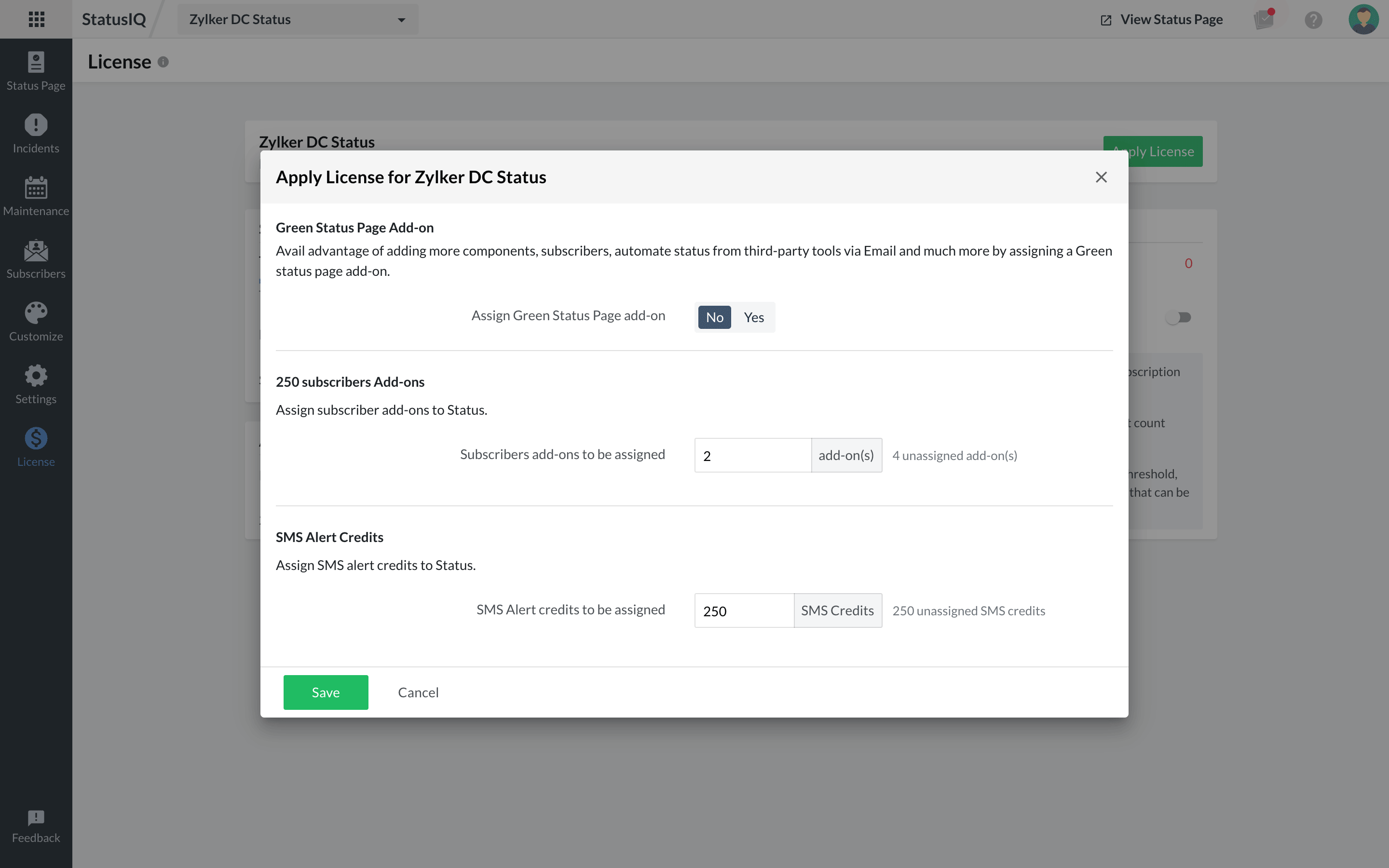 Apply license pop-up where you can add a new license or update an existing one