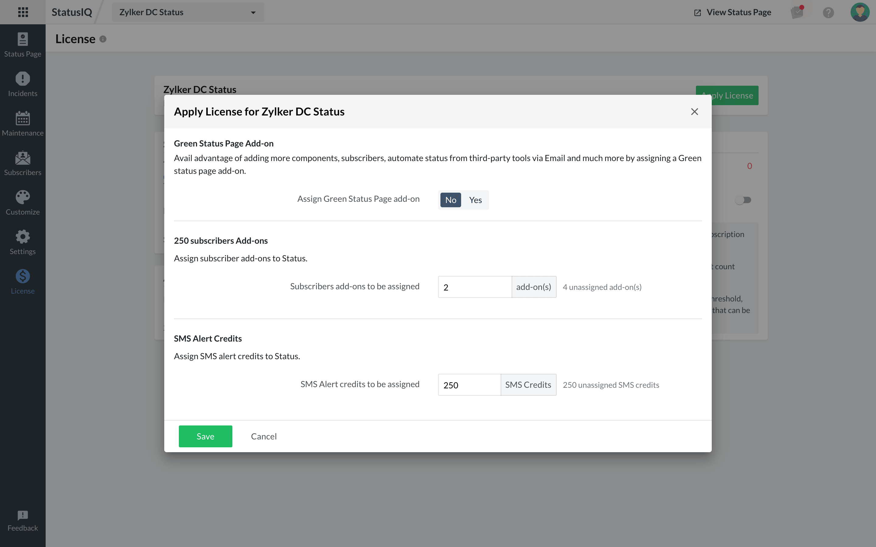 apply-license-popup Apply license pop up where you can add a new license or update an existing one