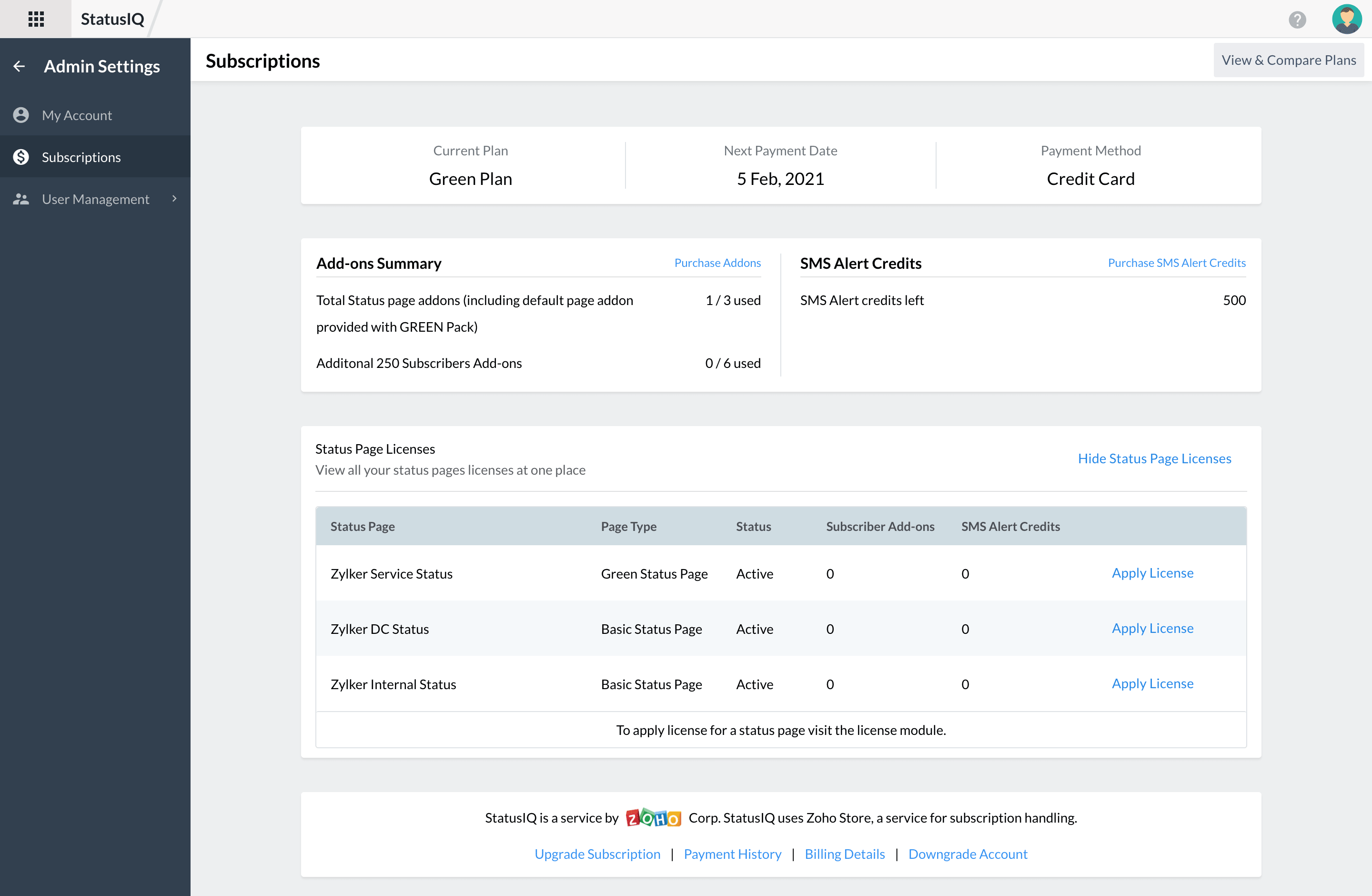 View your status page license summary