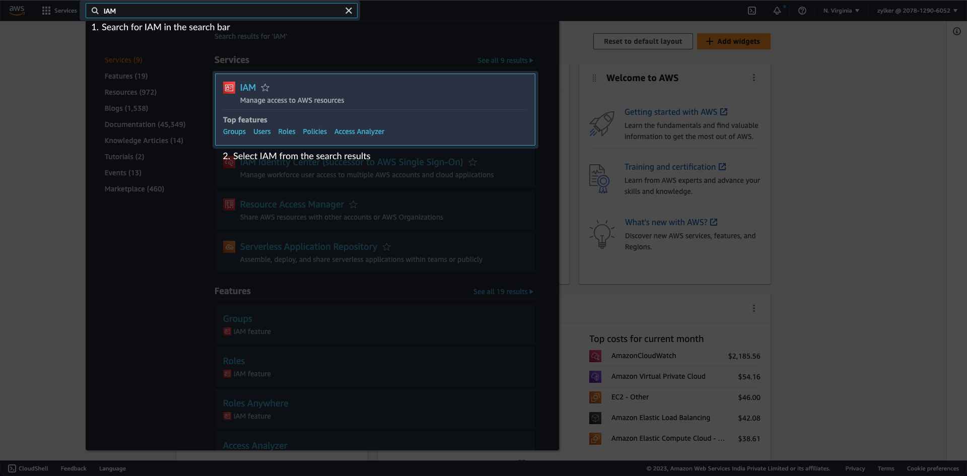 step-one Search IAM console