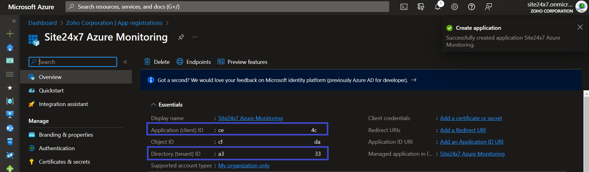 tenant ID and client ID page in Azure