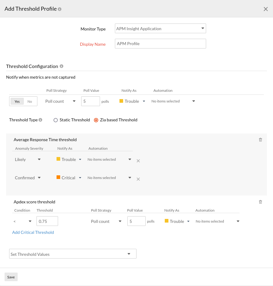 Threshold and Availability for APM Application/Instance