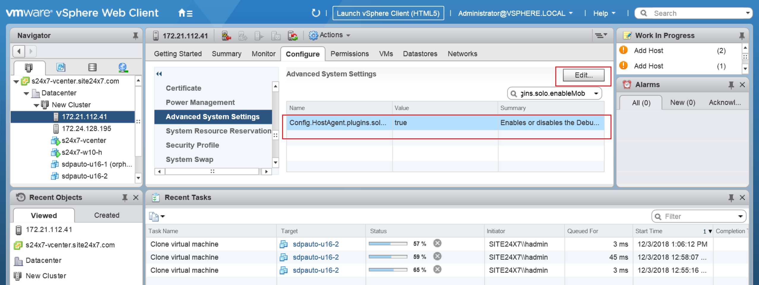 Панели object browser. Site24x7. VSPHERE html client Export CSV. Web-client\Homer. Launch client