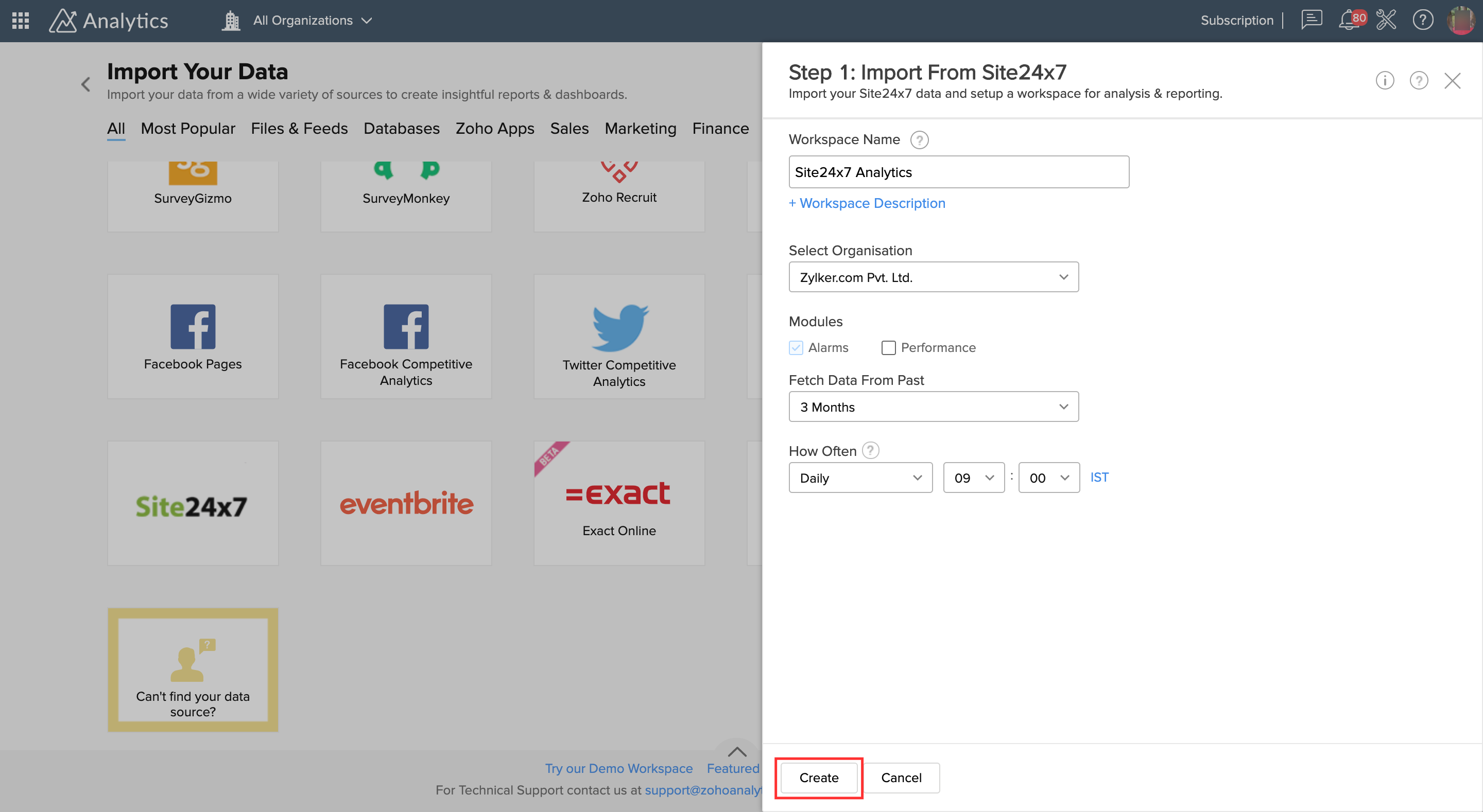zoho analytics create