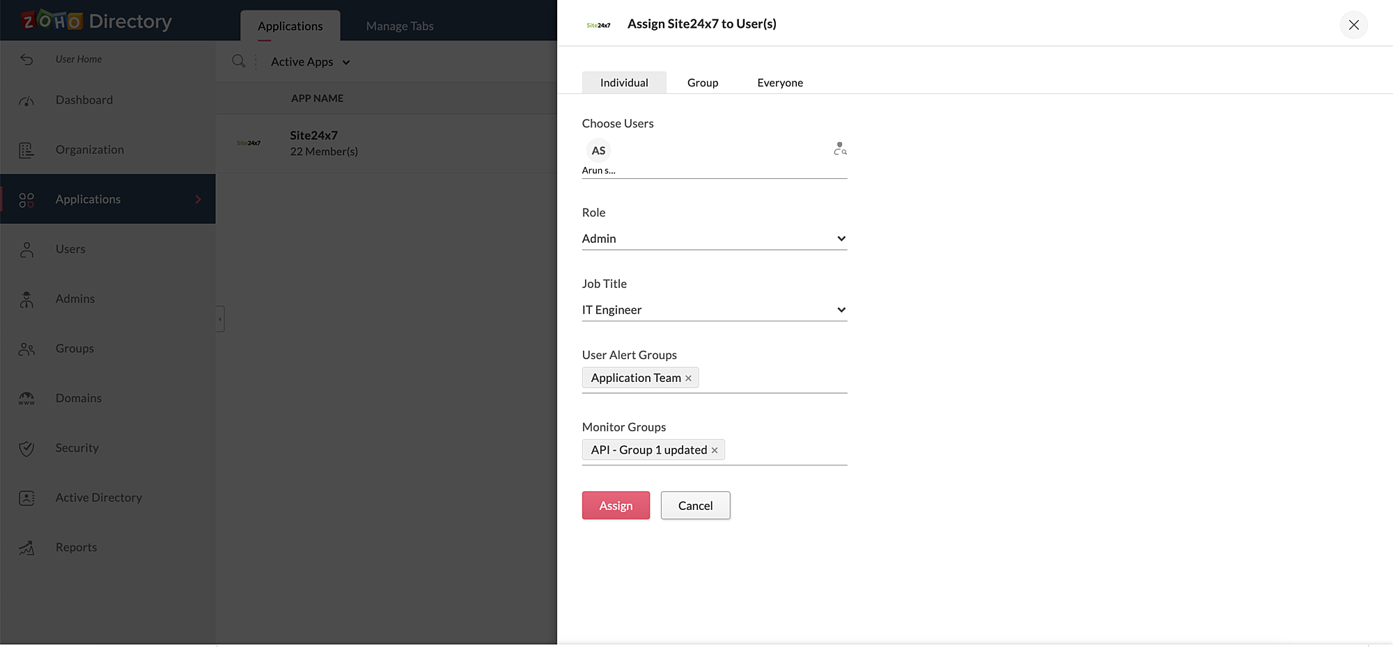 zoho directory assign to site24x7