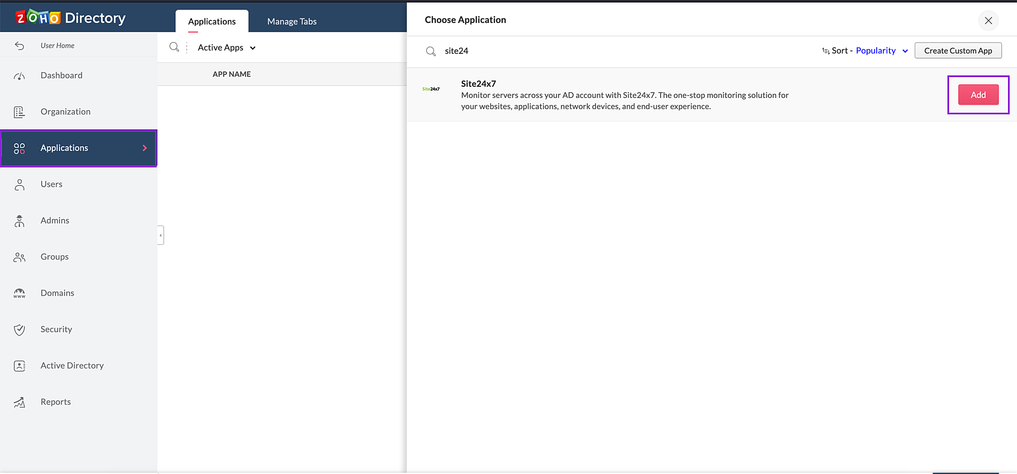 zoho directory choose application